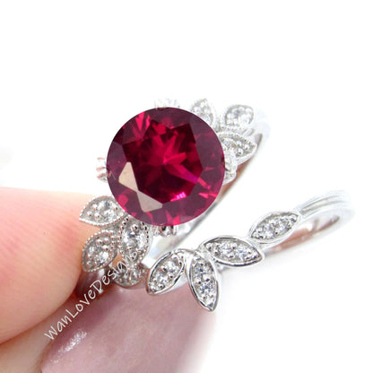 Ruby engagement ring set white gold Unique Round cut Cluster Diamond milgrain leaf women vintage wedding band Anniversary set Wan Love Designs