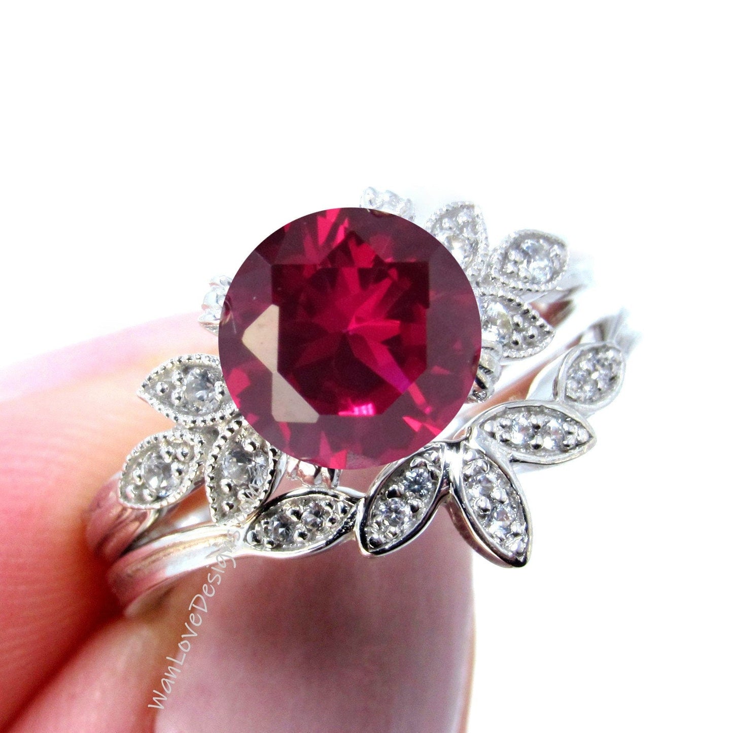 Ruby engagement ring set white gold Unique Round cut Cluster Diamond milgrain leaf women vintage wedding band Anniversary set Wan Love Designs