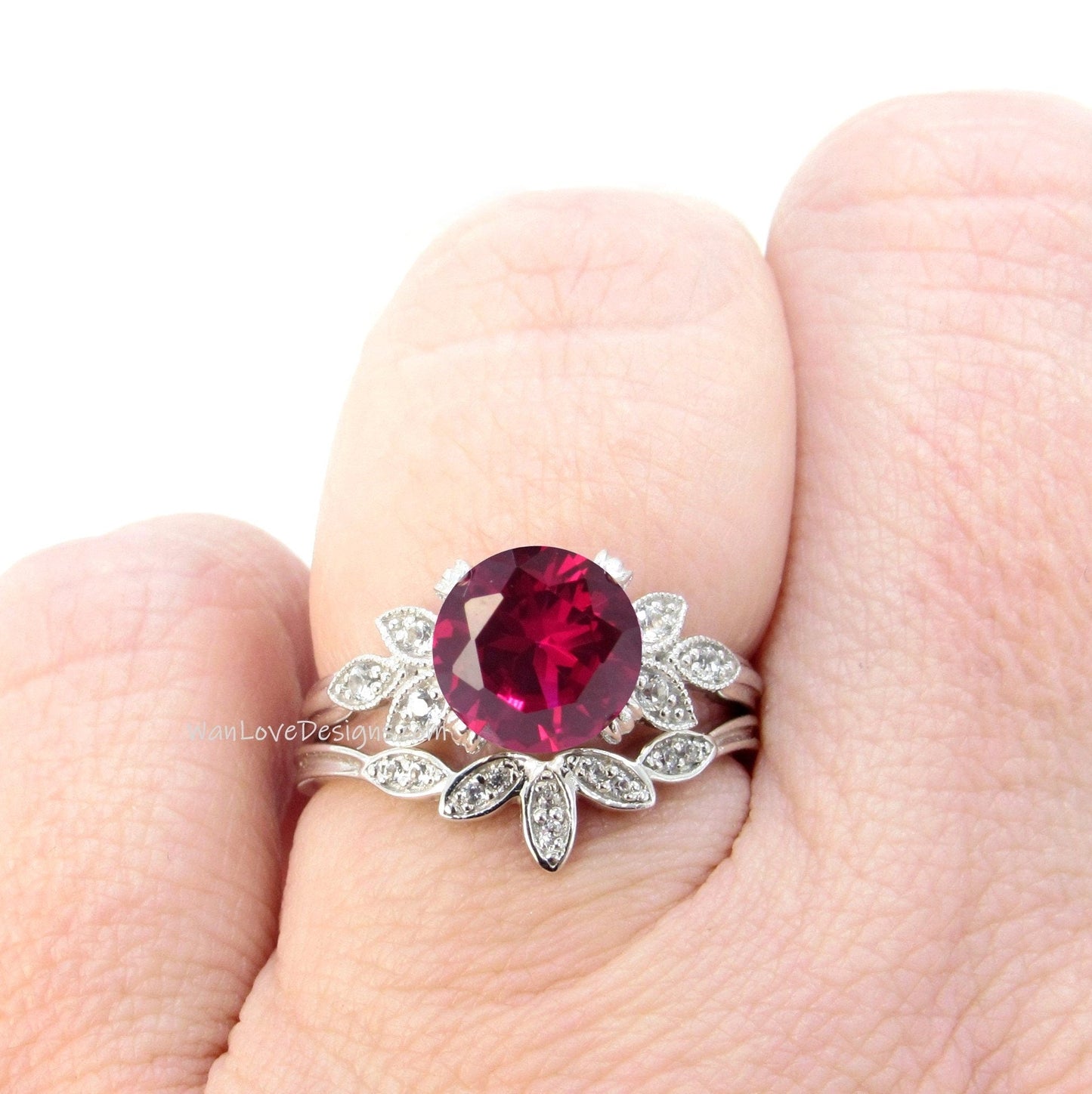 Ruby engagement ring set white gold Unique Round cut Cluster Diamond milgrain leaf women vintage wedding band Anniversary set Wan Love Designs