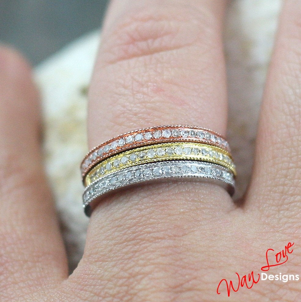 Sale Ready to ship-Diamond Milgrain channel half Eternity Stackable Wedding Band Ring-925 Silver Rhodium Yellow Rose Gold-Engagement Wan Love Designs