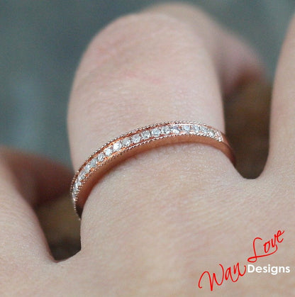 Sale Ready to ship-Diamond Milgrain channel prong set half Eternity Stackable Wedding Band-Ring-Silver w Yellow or Rose Gold-Engagement Wan Love Designs