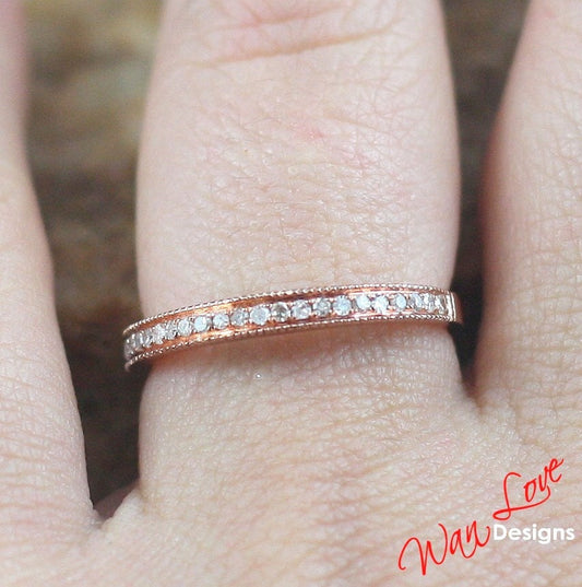 Sale Ready to ship-Diamond Milgrain channel prong set half Eternity Stackable Wedding Band-Ring-Silver w Yellow or Rose Gold-Engagement Wan Love Designs