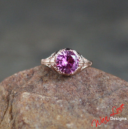 Sale Ready to ship-Pink Sapphire Solitaire Filigree Antique style Engagement Ring,Round Ring,2ct,8mm,Silver Rose Gold,Wedding,Anniversary Wan Love Designs