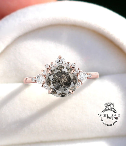 Salt & Pepper Diamond Cluster Half Halo engagement ring Diamonds Unique cluster round cut White Rose Gold Ring woman Promise Anniversary Gift Wan Love Designs