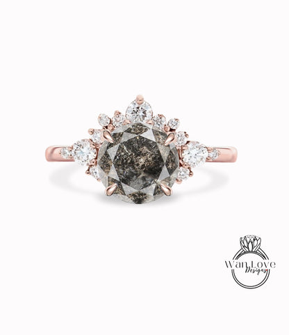 Salt & Pepper Diamond Cluster Half Halo engagement ring Diamonds Unique cluster round cut White Rose Gold Ring woman Promise Anniversary Gift Wan Love Designs