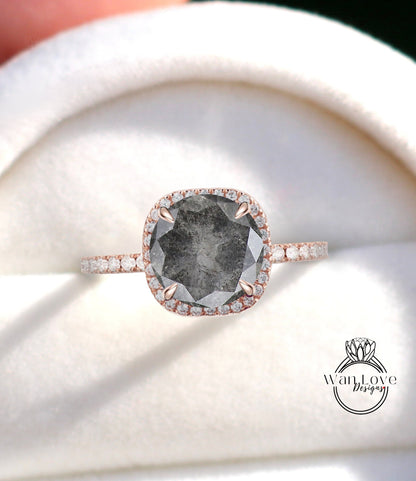 Salt & Pepper Diamond Cushion Halo Round Engagement Ring Custom, Wedding, Anniversary Gift, 14k 18k White Rose Yellow Gold Wan Love Designs