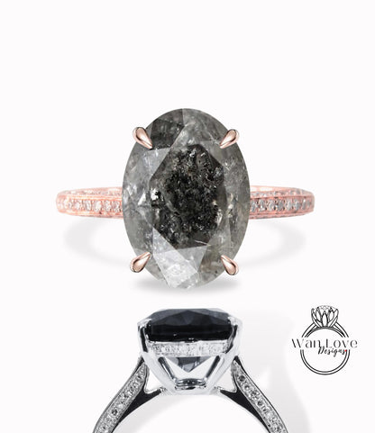 Salt & Pepper Diamond Custom Celebrity Style Oval Engagement Ring 3 sided diamond band rose gold Unique Bridal Anniversary ring solid gold Wan Love Designs