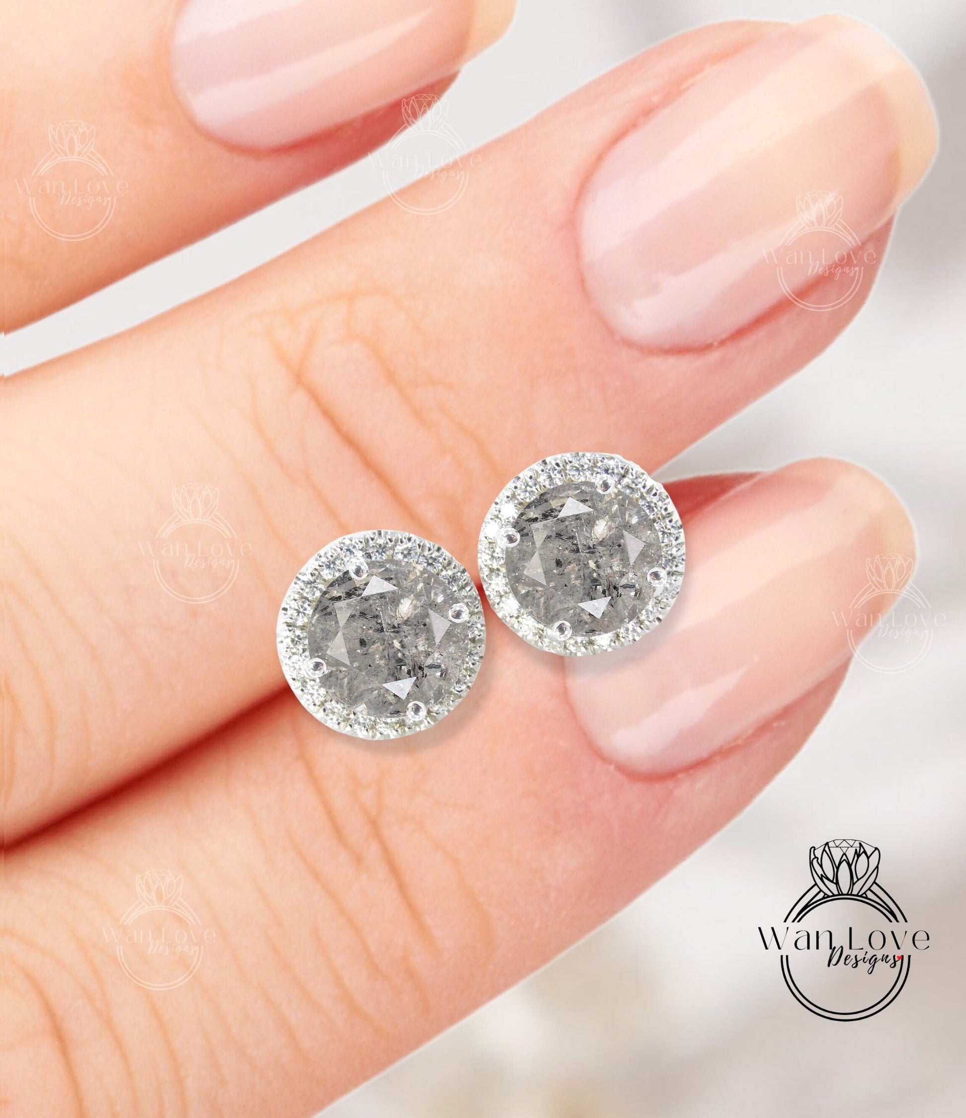 Salt & Pepper Diamond Earrings • Round Halo Diamond Stud Earrings in 14k 18k Gold • Salt pepper Galaxy Studs Earrings • Gift for Her Wan Love Designs