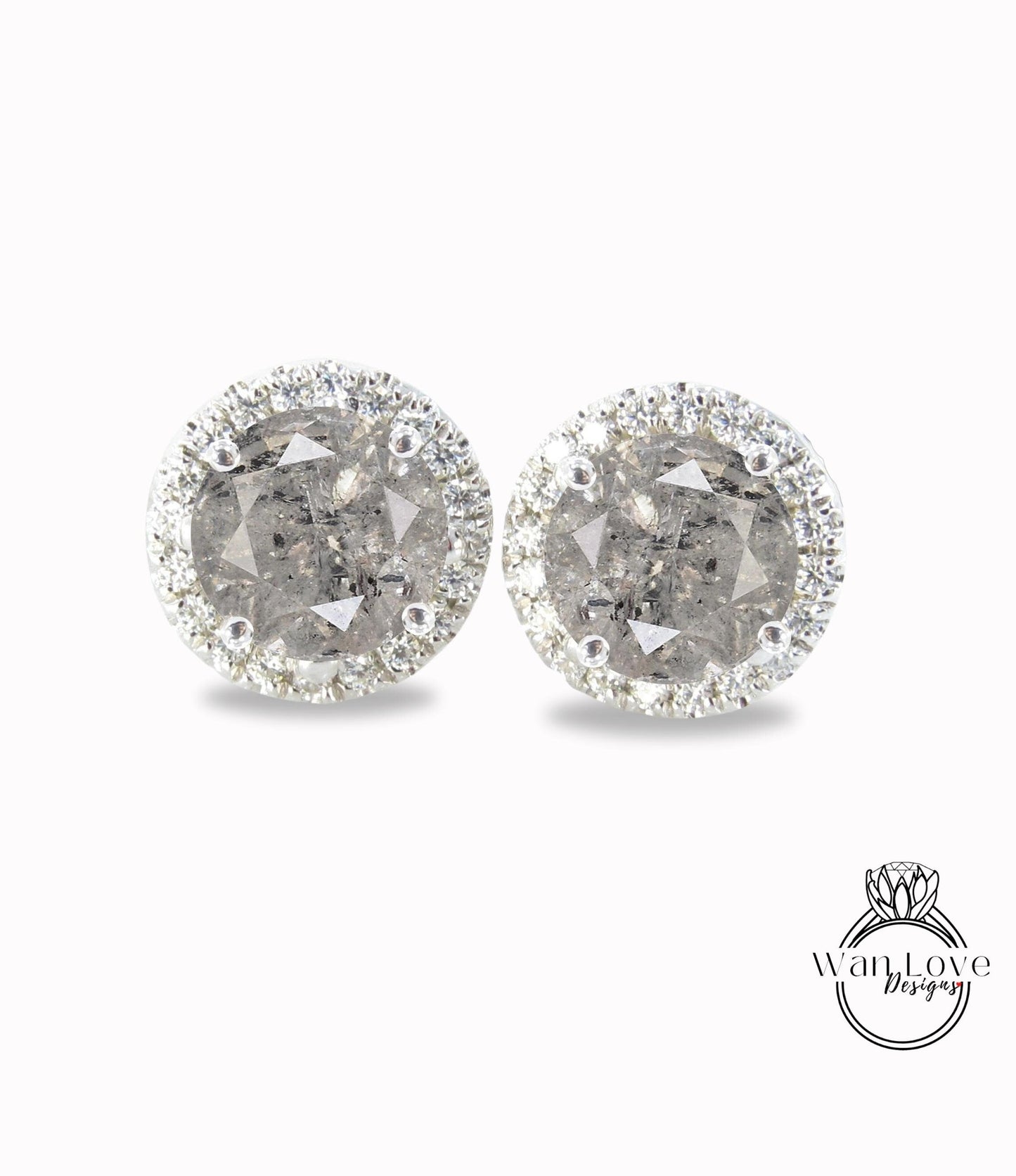 Salt & Pepper Diamond Earrings • Round Halo Diamond Stud Earrings in 14k 18k Gold • Salt pepper Galaxy Studs Earrings • Gift for Her Wan Love Designs