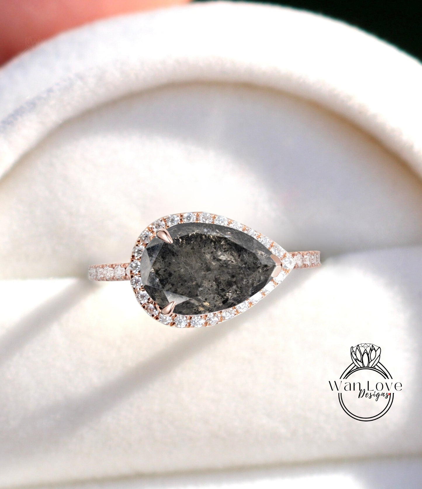 Salt & Pepper Diamond East West Halo Pear Galaxy Engagement Ring, Custom-14kt 18kt White Yellow Rose Gold-Platinum Wan Love Designs
