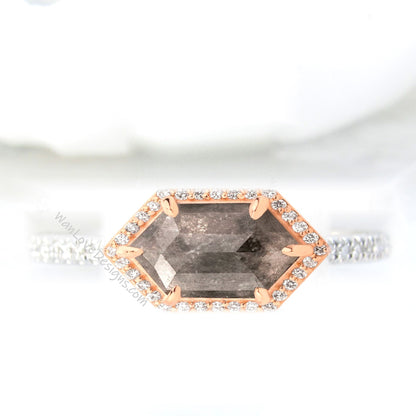 Salt & Pepper Diamond East West Hexagon cut Halo Engagement Ring Wedding-Aniversary Gift-Custom, 14k 18k White Yellow Rose Gold Wan Love Designs