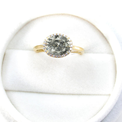 Salt & Pepper Diamond East West Oval Halo plain band Engagement Ring Antique gold band ring unique vintage diamond Anniversary promise ring Wan Love Designs