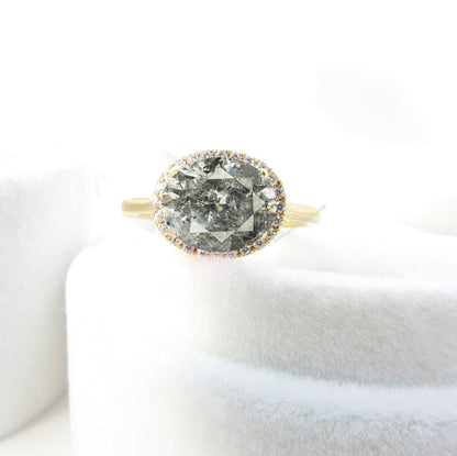 Salt & Pepper Diamond East West Oval Halo plain band Engagement Ring Antique gold band ring unique vintage diamond Anniversary promise ring Wan Love Designs