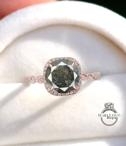 Salt & Pepper Diamond Engagement Ring, Cushion Halo Diamond Ring, Galaxy Engagement Diamond Ring, Milgrain Leaf Scalloped Band Wan Love Designs