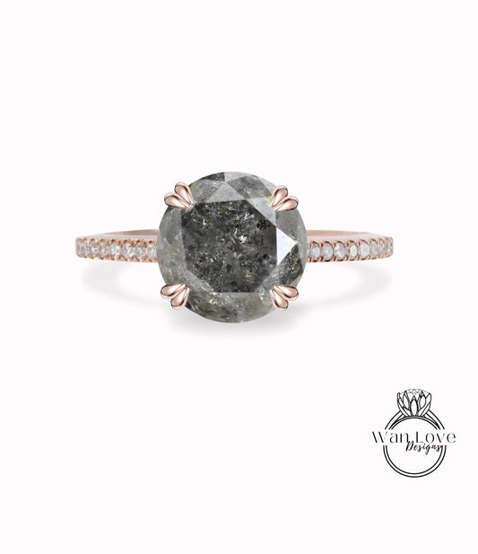 Salt & Pepper Diamond Engagement Ring, Thin Shank, basket, Round, Custom Diamond Ring rose gold round diamond ring Promise ring solid gold Wan Love Designs
