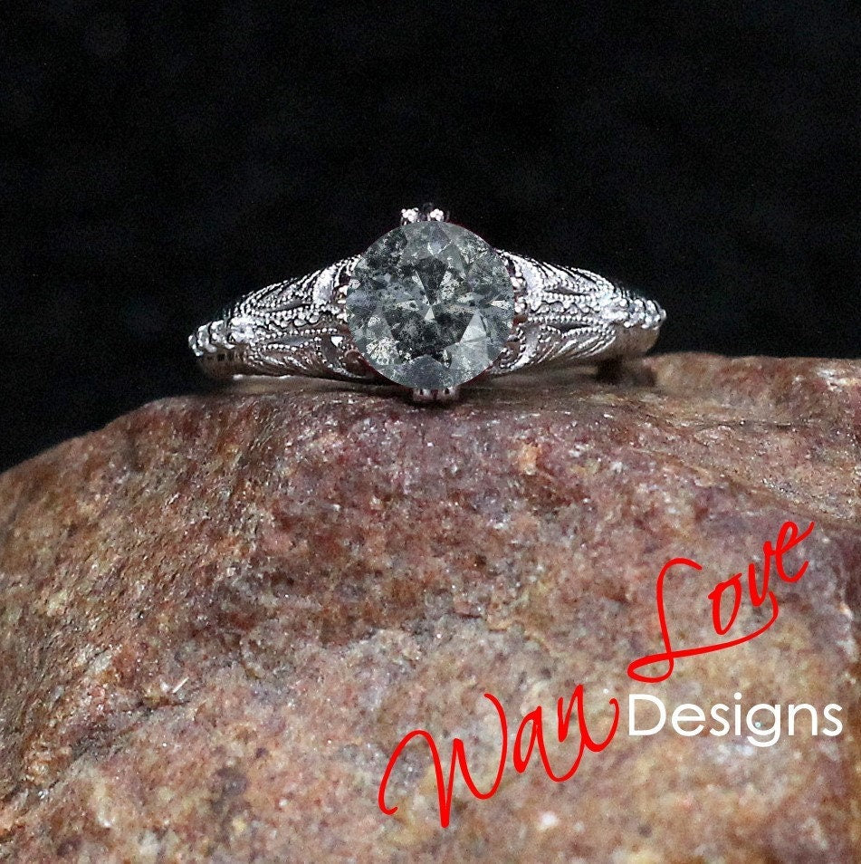 Salt & Pepper Diamond Engraved Antique Engraving Engagement Ring, Round, Custom-14k 18k White Yellow Rose Gold-Platinum-Wedding Wan Love Designs