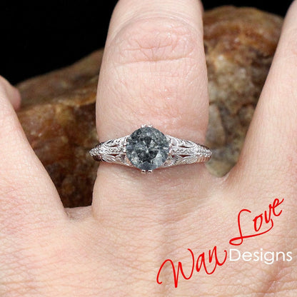 Salt & Pepper Diamond Engraved Antique Engraving Engagement Ring, Round, Custom-14k 18k White Yellow Rose Gold-Platinum-Wedding Wan Love Designs