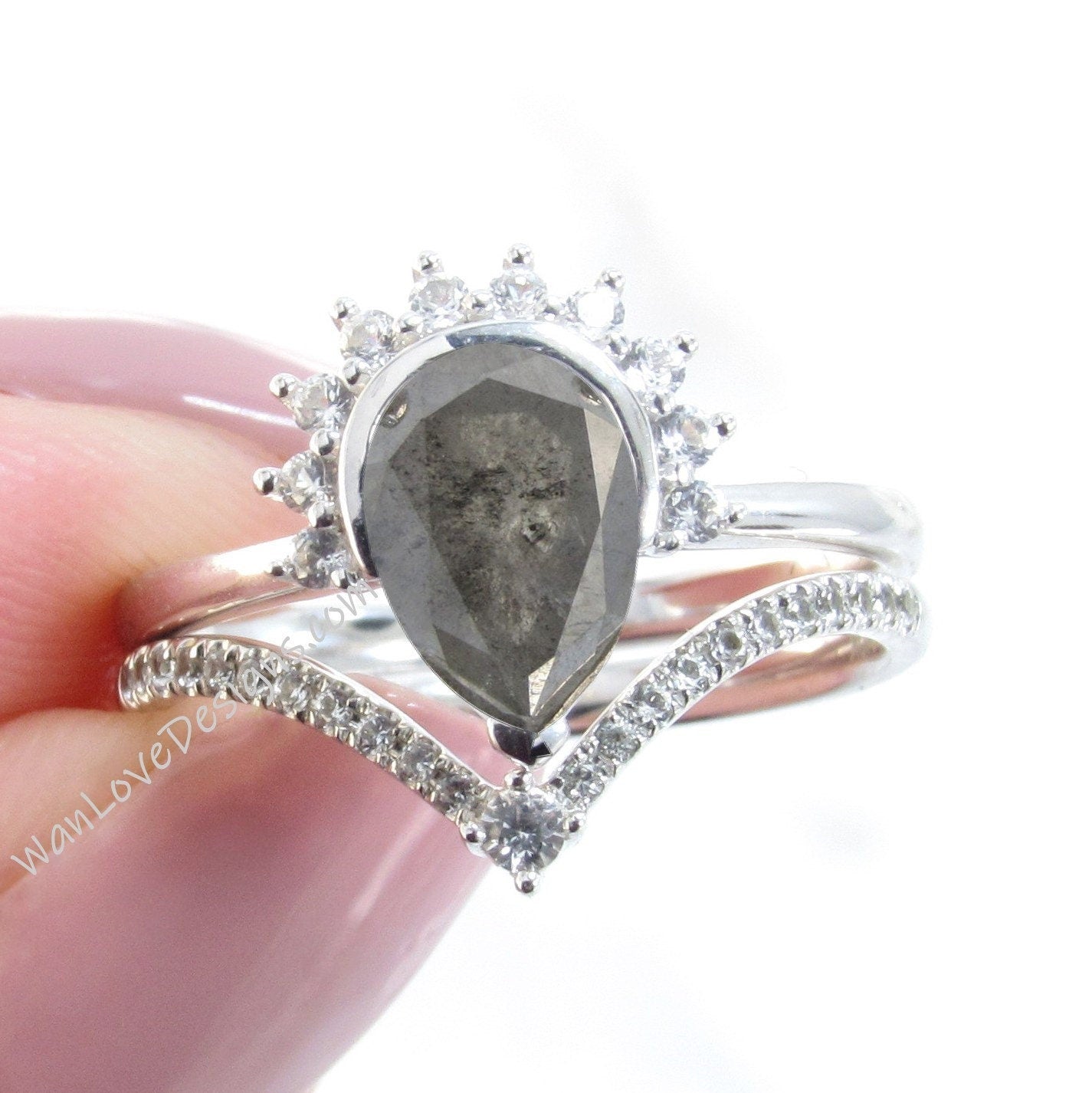 Salt & Pepper Diamond Half Halo Crown Pear Semi Bezel Engagement Ring, V Wedding Band Set, Custom-14kt 18kt  Gold-Platinum Wan Love Designs
