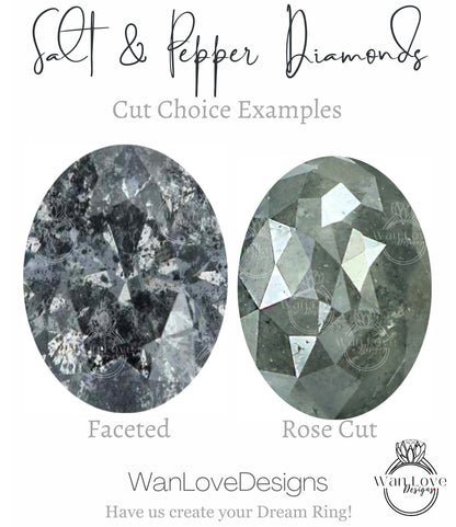 Salt & Pepper Diamond Hexagon Halo Engagement Ring Set, Galaxy, Round cut, Milgrain Leaf Wedding Band, Custom, Anniversary Gift, Proposal Wan Love Designs