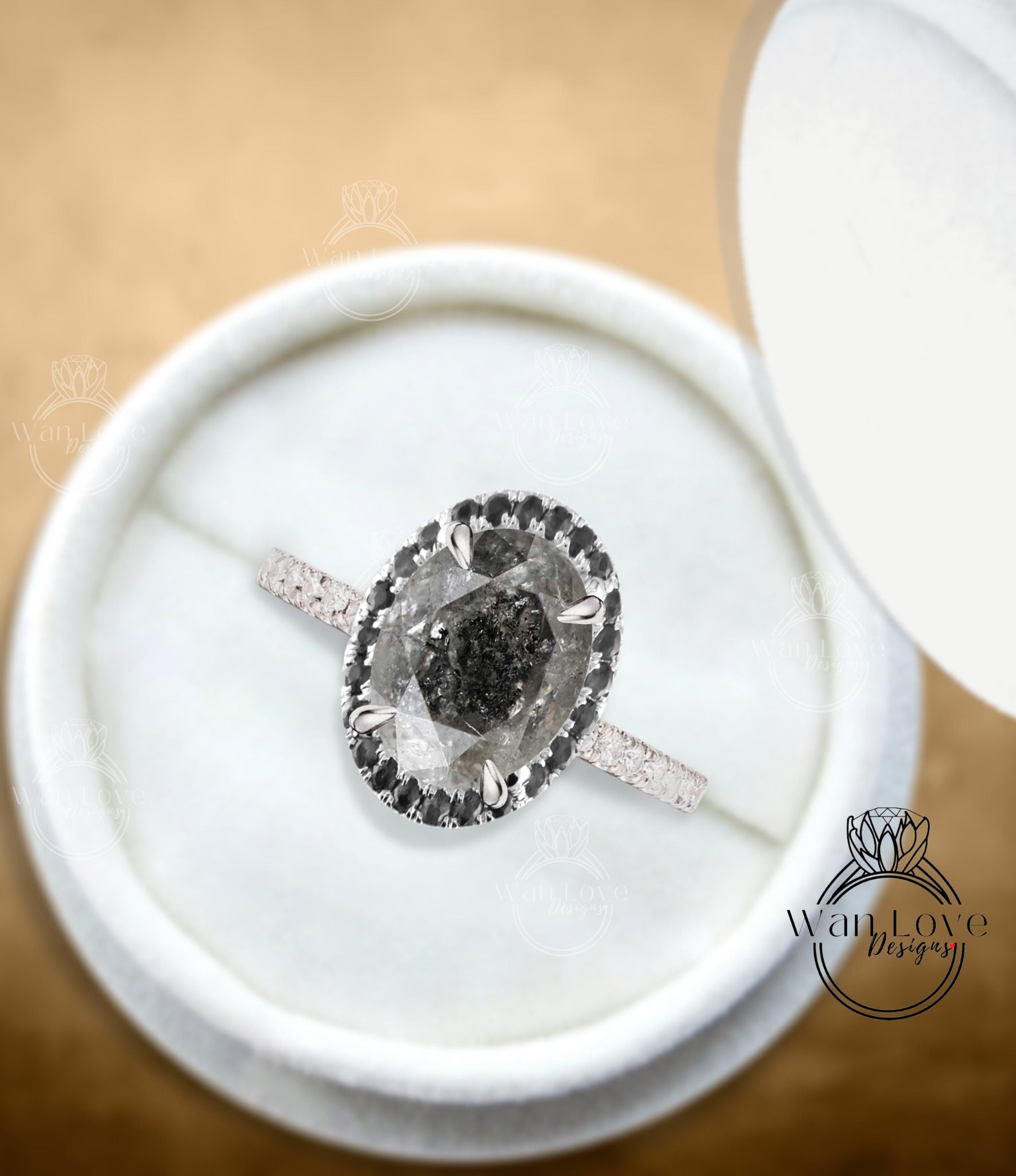 Salt Pepper Diamond Oval Black Halo Engagement Ring, Galaxy, Silver Grey, oval halo prong engagement ring gold Salt and Pepper diamond ring Wan Love Designs