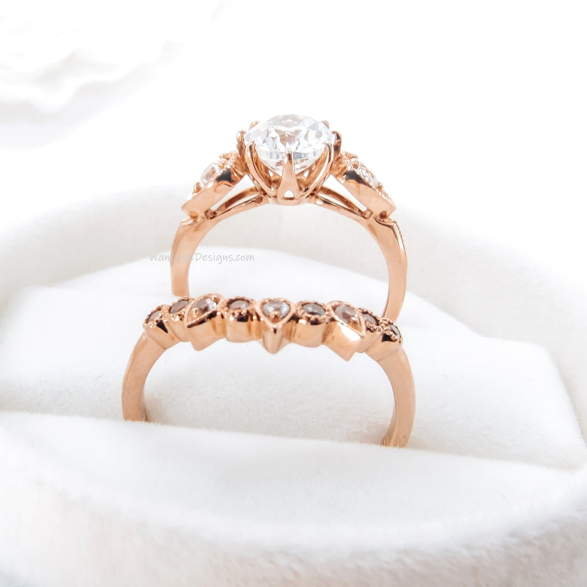 Salt & Pepper Diamond Oval Milgrain Engagement Ring Set Crown Wedding Band Contoured Curved Nesting 3ct Custom, Bridal Anniversary ring Gift Wan Love Designs