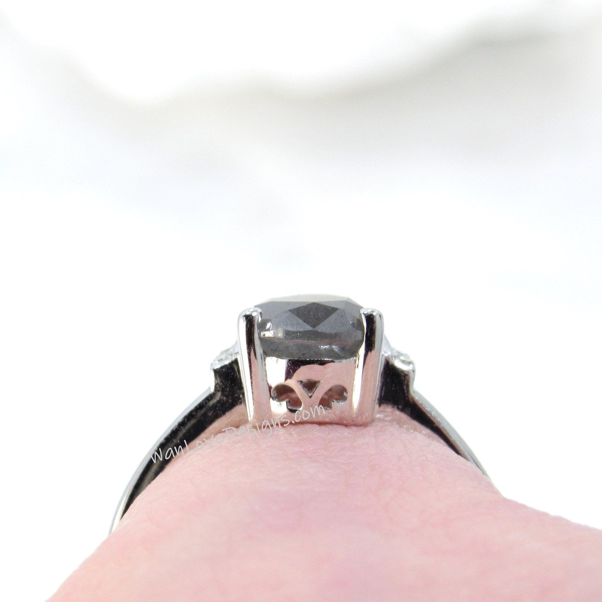 Salt & Pepper Diamond Pear Modern Semi Bezel Crescent Half Halo Unique Engagement Ring halo prong bezel ring Salt and Pepper diamond ring Wan Love Designs