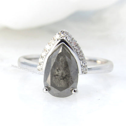 Salt & Pepper Diamond Pear Modern Semi Bezel Crescent Half Halo Unique Engagement Ring halo prong bezel ring Salt and Pepper diamond ring Wan Love Designs