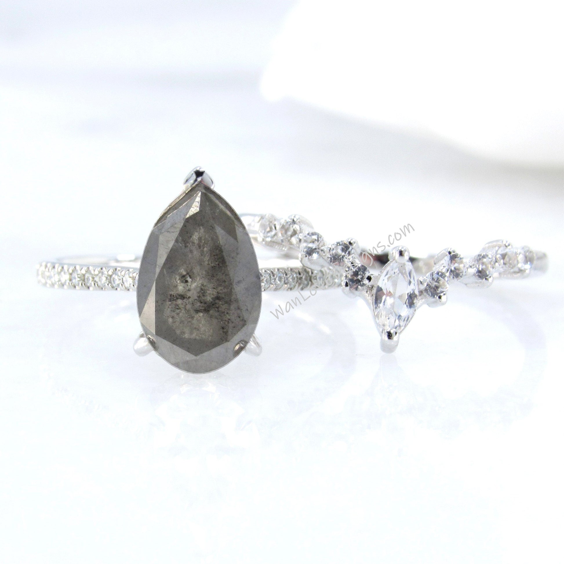 Salt & Pepper Diamond Pear Solitaire Engagement Ring, V Marquise Round Cluster Wedding Band Set, Custom-14kt 18kt  Gold-Platinum Wan Love Designs