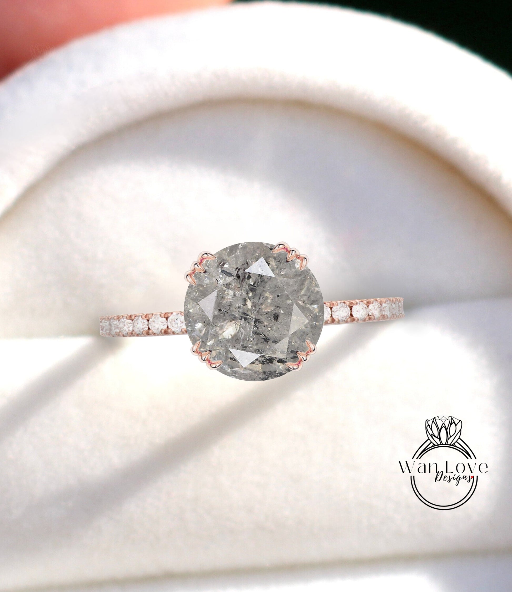 Salt & Pepper Diamond Round 3 triple fishtail prongs Engagement Ring, salt and pepper diamond engagement ring, unique prong bridal ring Wan Love Designs