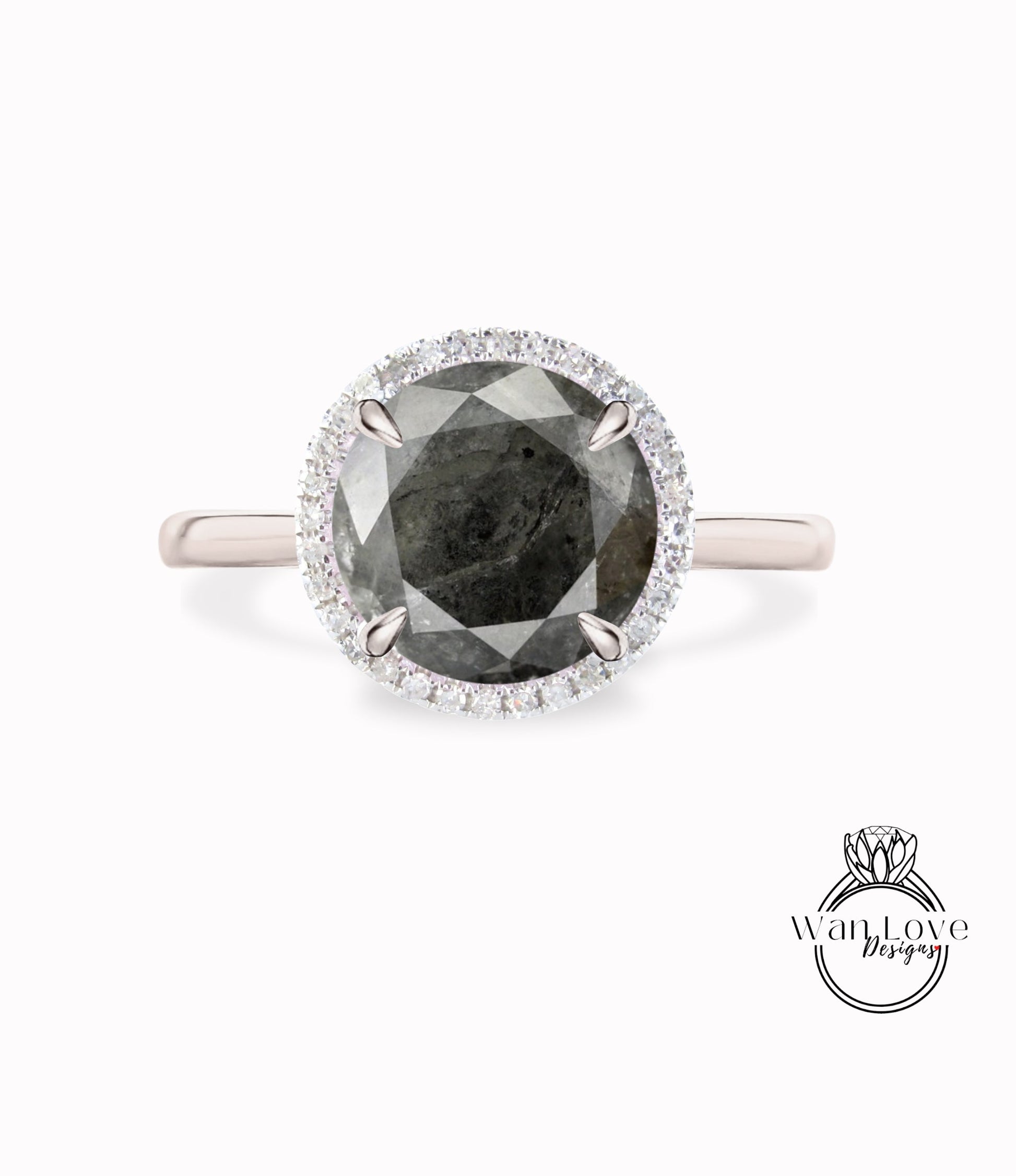 Salt & Pepper Diamond Round Halo Plain Shank Engagement Ring Custom Gold wedding Ring dainty minimalist Diamond Bridal ring Promise Ring Wan Love Designs