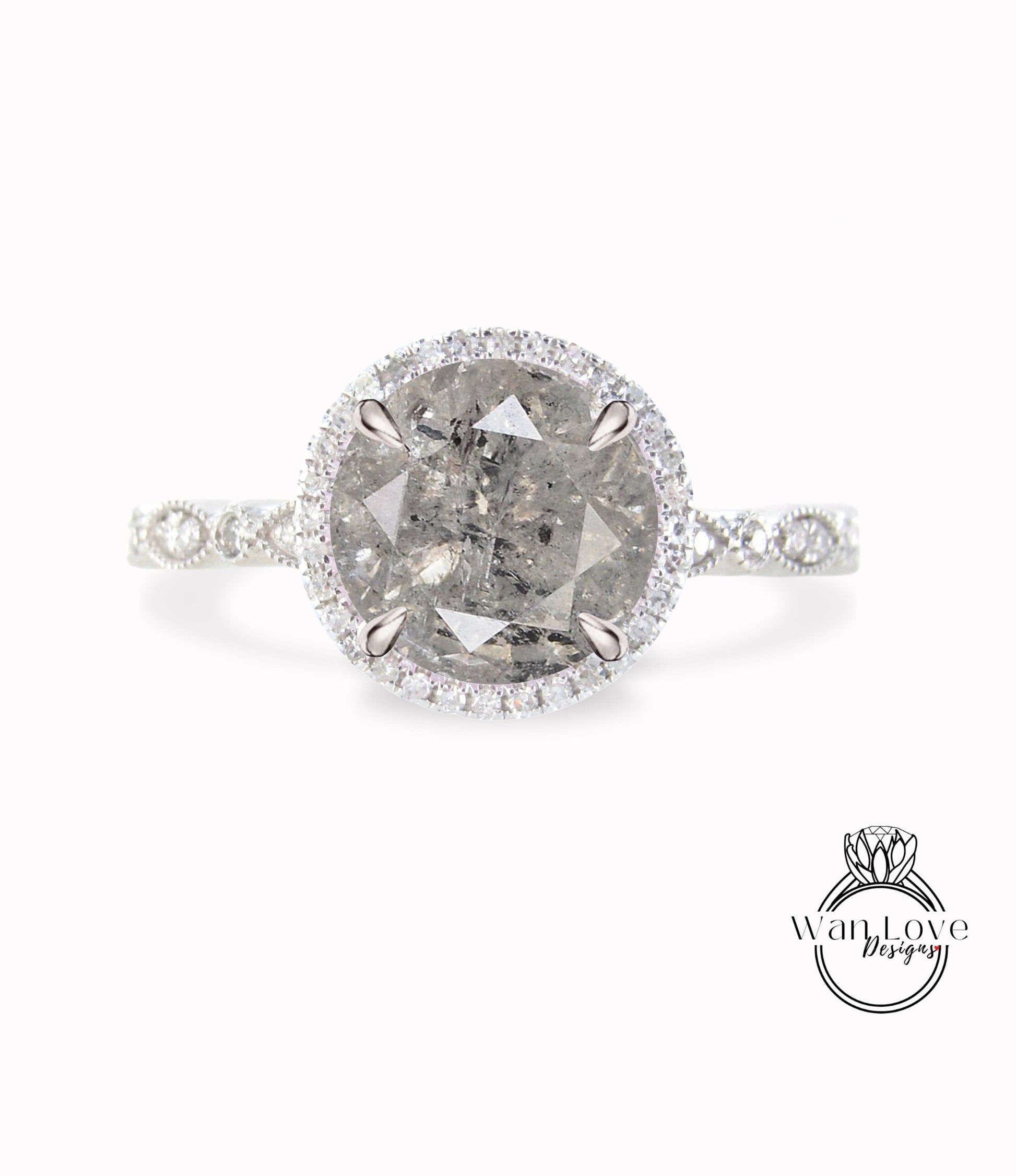 Salt & Pepper Diamond Scalloped Engagement Ring, Milgrain Vintage Salt Pepper Diamond Bridal Ring, Round Halo Diamond Ring, Anniversary ring Wan Love Designs