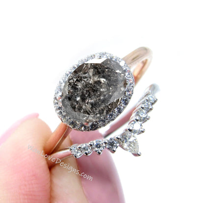 Salt & Pepper Diamond Wedding Ring Set, Diamond Engagement Ring Set, Oval Diamond Engagement Set Bridal Promise Ring solid gold ring set Wan Love Designs
