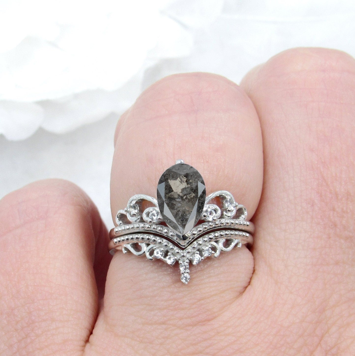 Salt & Pepper Diamond engagement ring set pear cut ring cluster crown ring vintage ring curved band promise ring anniversary ring solid gold Wan Love Designs