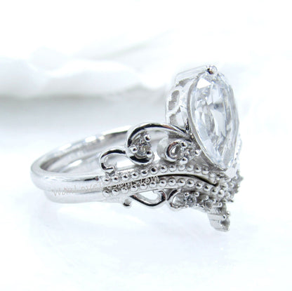 Salt & Pepper Diamond engagement ring set pear cut ring cluster crown ring vintage ring curved band promise ring anniversary ring solid gold Wan Love Designs