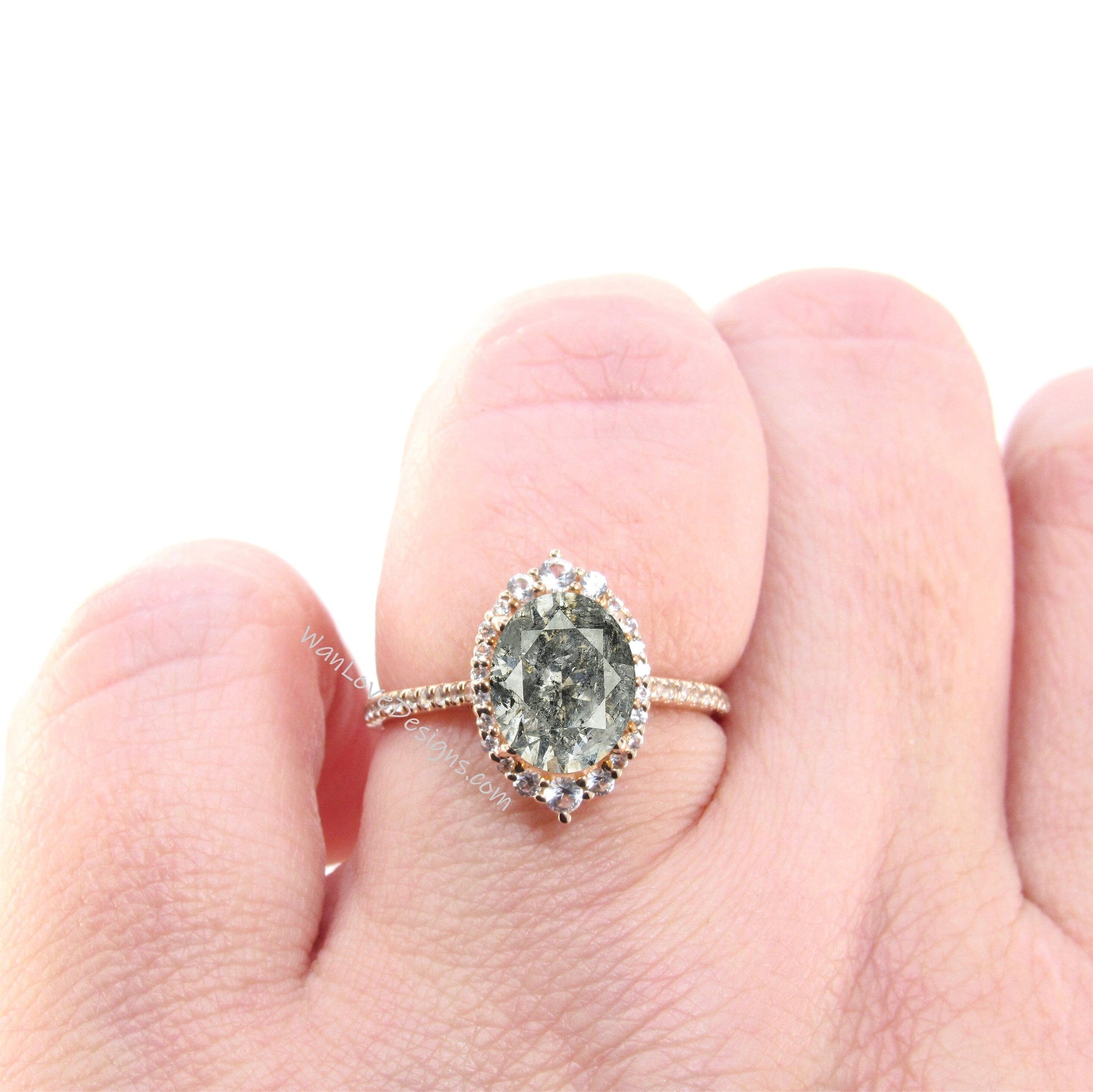Salt & Pepper Diamonds Oval Graduated Halo Engagement Ring Custom, Wedding, Anniversary Gift,14k 18k White Rose Yellow Gold Wan Love Designs