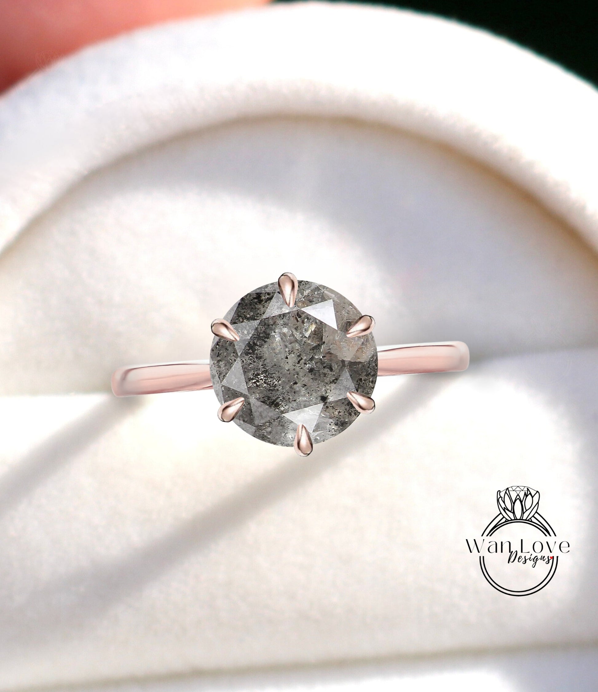 Salt & Pepper Galaxy Diamond 6 prong Trellis Round Engagement Ring Cathedral Custom Wedding Anniversary Wan Love Designs