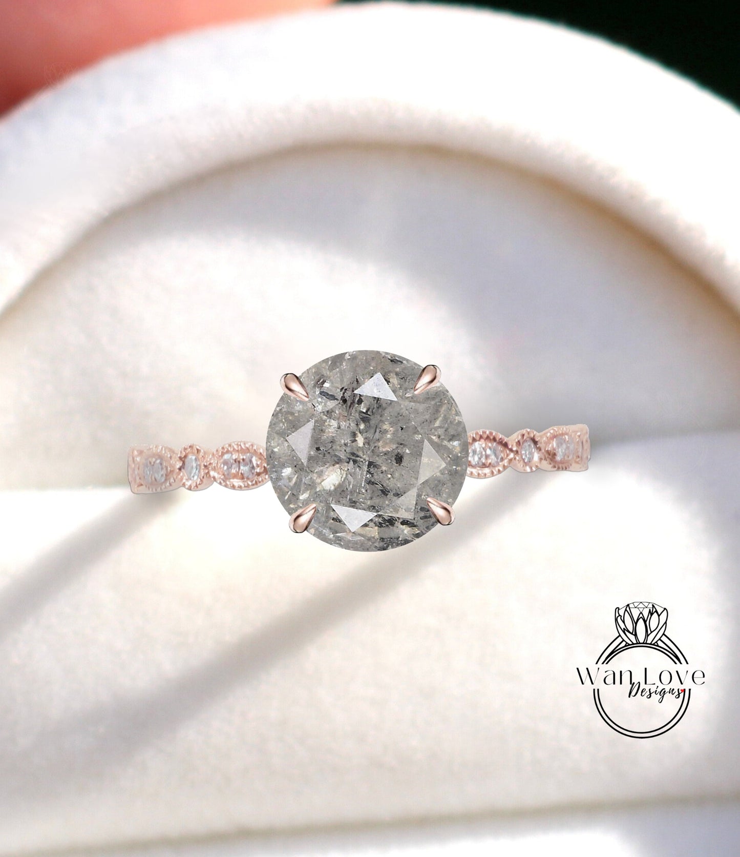 Salt & Pepper Round Diamond Scalloped Engagement Ring Vintage Milgrain Scalloped band Salt Pepper Diamond Bridal Ring Anniversary Gift Wan Love Designs
