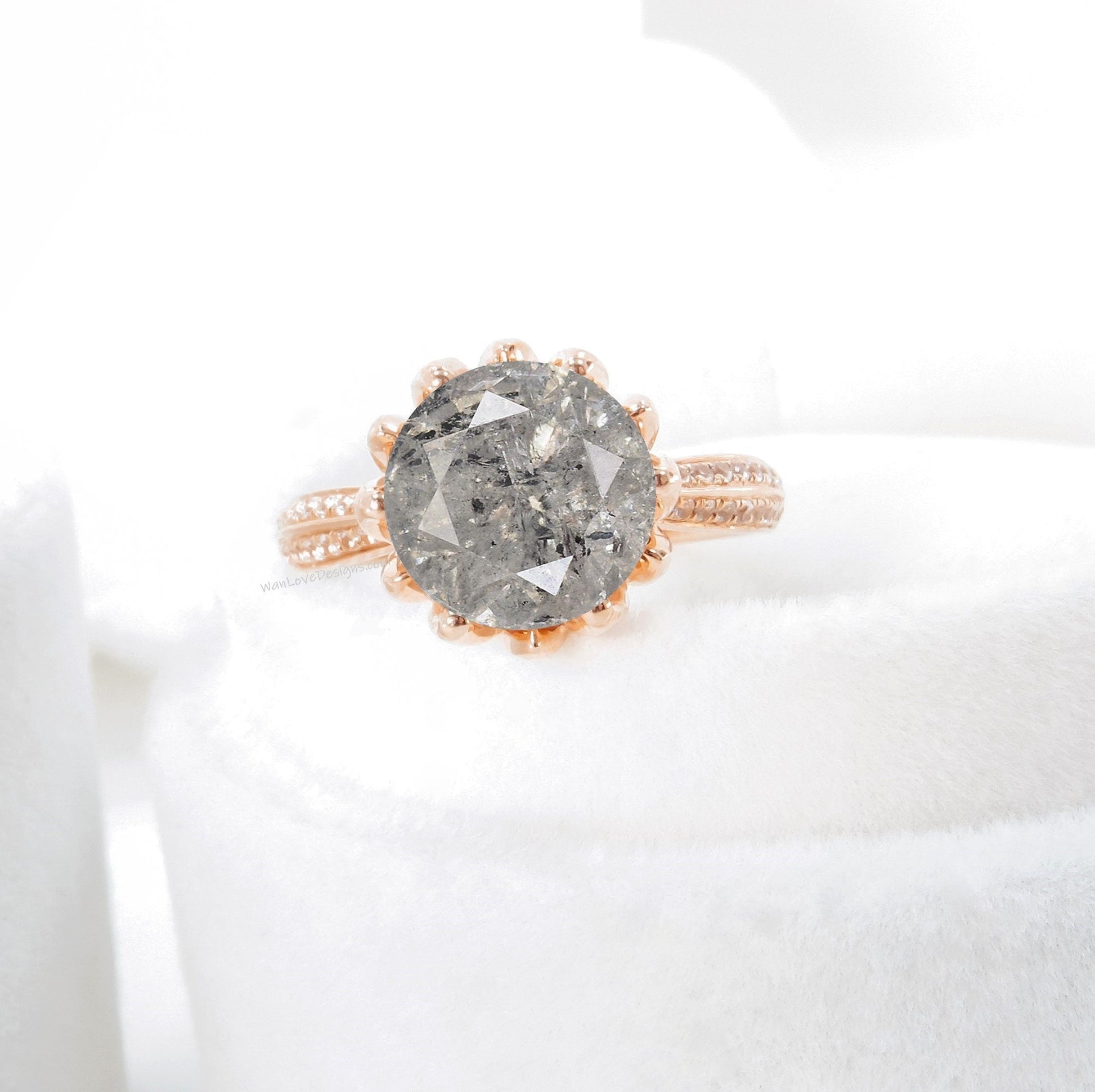 Salt Pepper & White Diamond Lotus Flower Round Engagement Ring Custom made Wedding Anniversary Gift Wan Love Designs