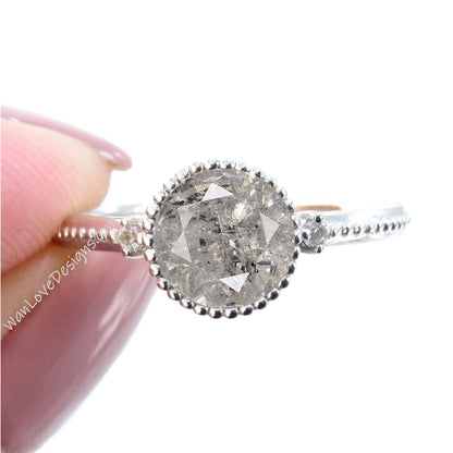 Salt and Pepper Diamond Milgrain Bezel Round 3 Gem stone Engagement Ring Custom Wedding Wan Love Designs