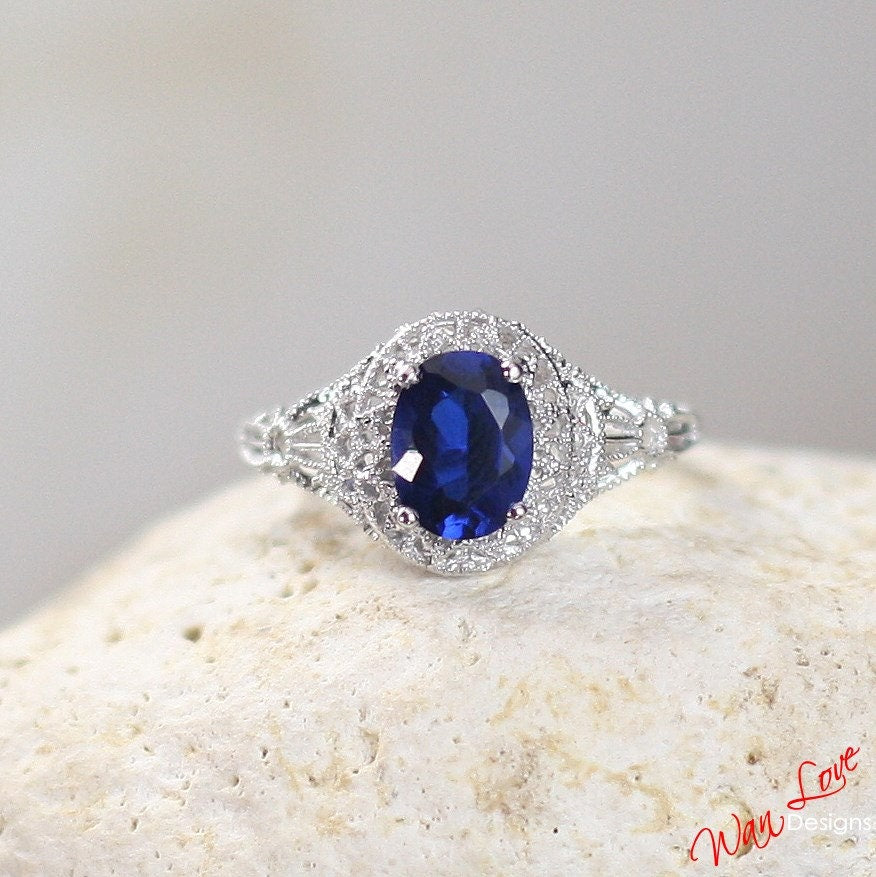 Sample Sale Ready to ship-Blue Spinel Oval Filigree Milgrain Antique Vintage Engagement Ring, 1.5ct, 8x6mm, Wedding, Anniversary Gift Wan Love Designs