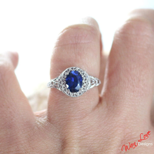 Sample Sale Ready to ship-Blue Spinel Oval Filigree Milgrain Antique Vintage Engagement Ring, 1.5ct, 8x6mm, Wedding, Anniversary Gift Wan Love Designs