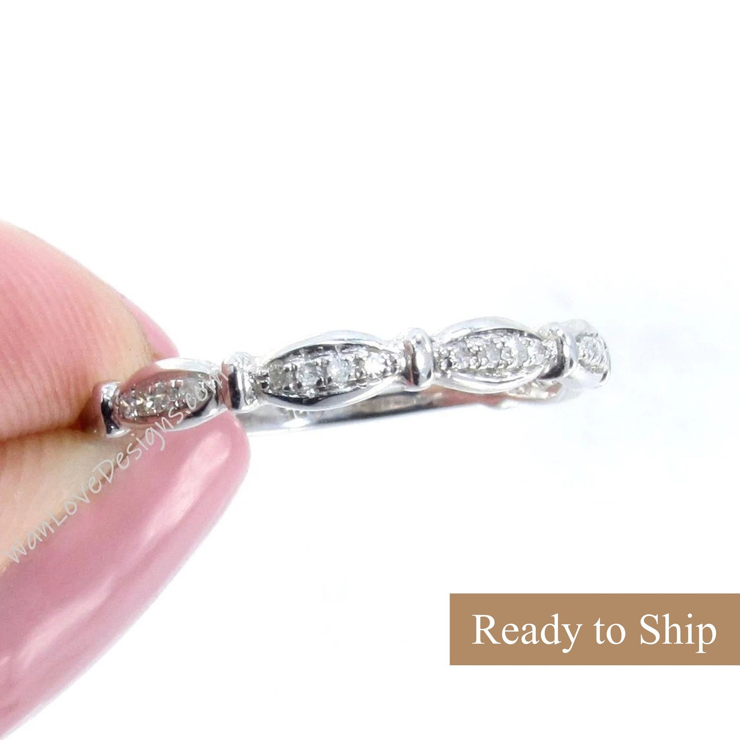 Sample Sale Ready to ship-Diamond Scalloped leaf Half Eternity Stackable Wedding Band Ring-Silver Rhodium-Engagement-Anniversary Gift-Pinky Wan Love Designs