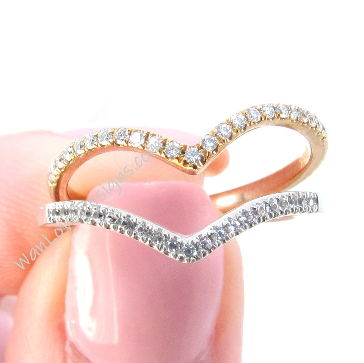 Sample Sale Ready to ship-Moissanite Rose Gold OR White Sapphire Tiara Curved Diamonds Band Nesting Ring Wan Love Designs