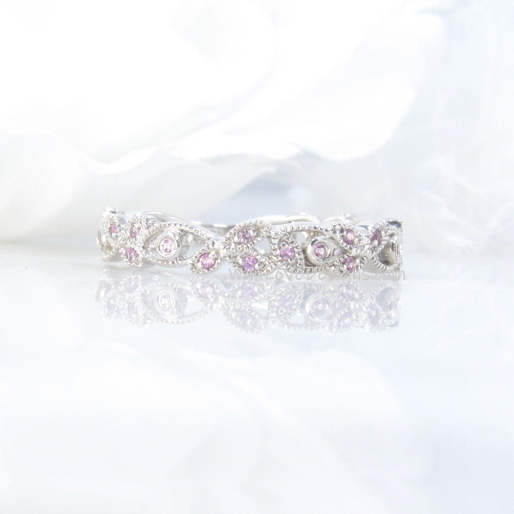 Sample Sale Ready to ship-Pink Sapphire Milgrain leaf Almost Eternity Wedding Band Stacking Ring Silver Rhodium Anniversary Gift round Wan Love Designs