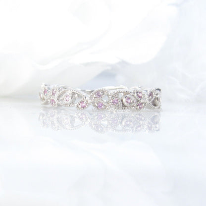 Sample Sale Ready to ship-Pink Sapphire Milgrain leaf Almost Eternity Wedding Band Stacking Ring Silver Rhodium Anniversary Gift round Wan Love Designs