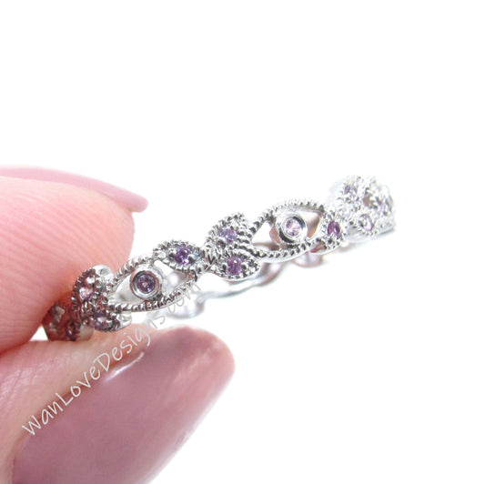 Sample Sale Ready to ship-Pink Sapphire Milgrain leaf Almost Eternity Wedding Band Stacking Ring Silver Rhodium Anniversary Gift round Wan Love Designs