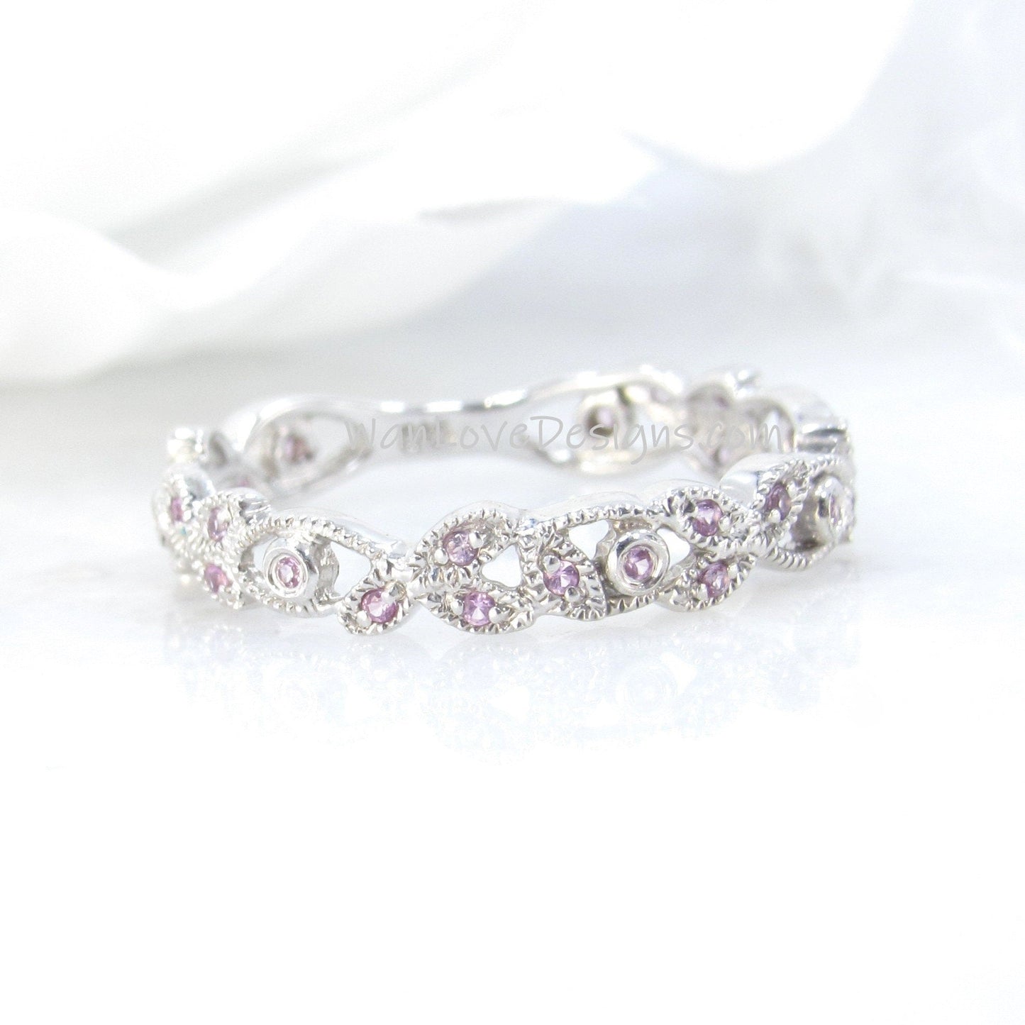 Sample Sale Ready to ship-Pink Sapphire Milgrain leaf Almost Eternity Wedding Band Stacking Ring Silver Rhodium Anniversary Gift round Wan Love Designs