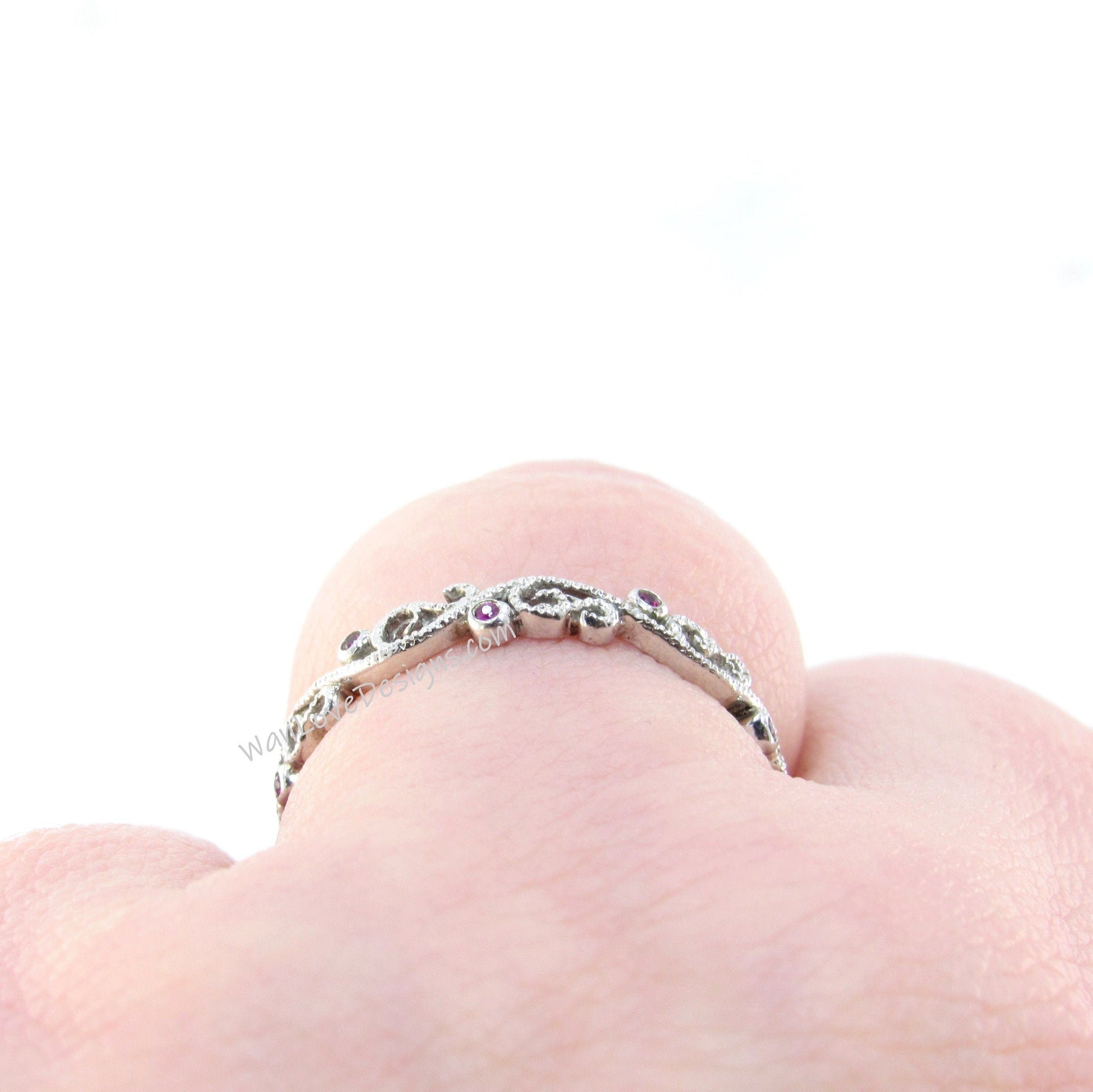 Sample Sale Ready to ship-Ruby Filigree Milgrain Swirl Wedding Band, Almost Eternity, Stackable Ring, 925 Silver w Rhodium Wan Love Designs