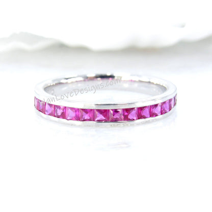 Sample Sale Ready to ship-Ruby Princess Half Eternity Channel Set Wedding Band, Stackable Ring, 925 Silver Rhodium, Anniversary Gift Wan Love Designs