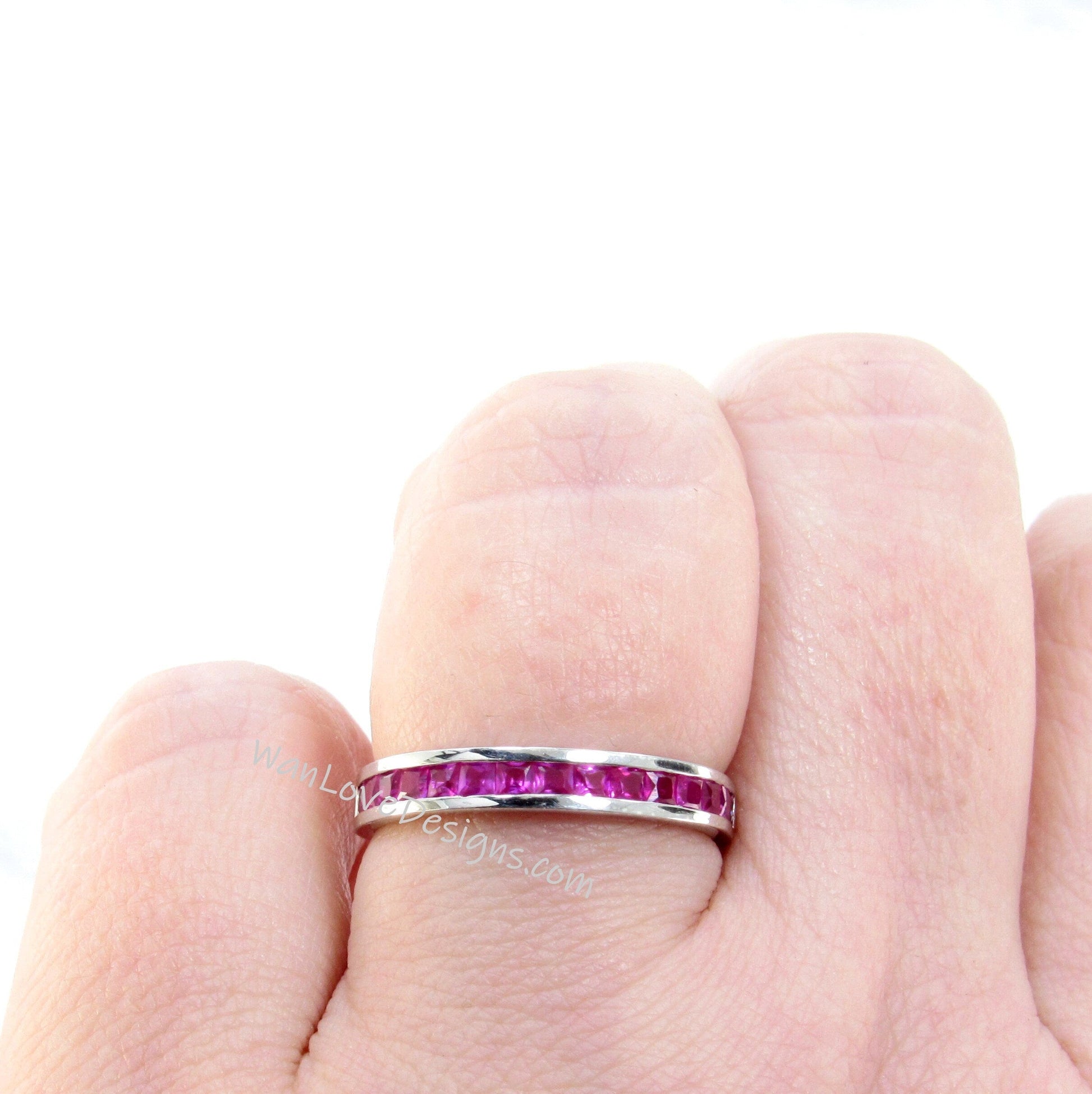 Sample Sale Ready to ship-Ruby Princess Half Eternity Channel Set Wedding Band, Stackable Ring, 925 Silver Rhodium, Anniversary Gift Wan Love Designs